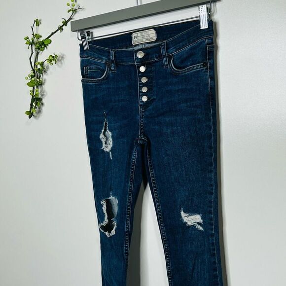 Free People Button Fly Raw Edge Hem Distressed Jeans - Picture 3 of 13